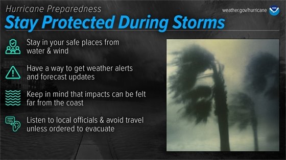 Graphic: Stay Protected during storms - bullet points reference safe places, alerts, impacts, and info from officials 