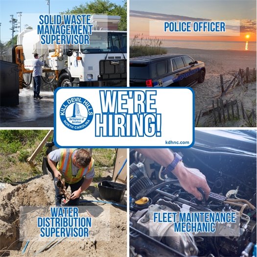 We're hiring photo collage featuring the solid waste, water, fleet maintenance, and police departments