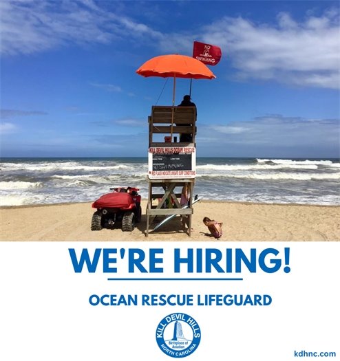A picture of an ocean rescue life guard watching the beach from his stand with the text that reads: "we're hiring! ocean rescue lifeguard"