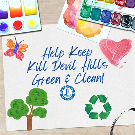 A graphic with art supplies and that says 'Help Keep Kill Devil Hills Green and Clean' on a poster to promote the Trash Attack poster contest