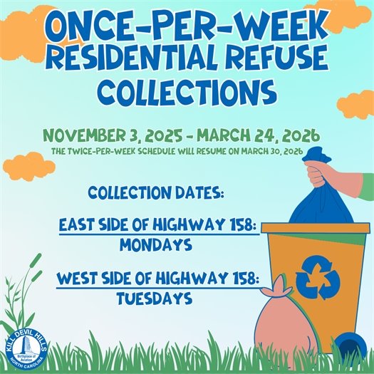 The Town of Kill Devil Hills’ annual once-per-week residential trash collection will began Monday, November 3, 2025. 