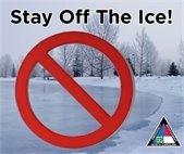 An image of a frozen body of water with a big red no sign staying stay off of the ice