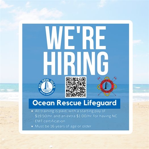 An image of the beach with text that reads: we're hiring for ocean rescue lifeguards" it includes a few bullet points of imformation