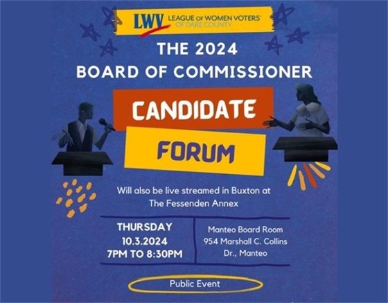 Board of Commissioners Candidate Forum / Thursday, October 3, 2024 / 7-8:30pm / Board. of Commissioners Mtg. Room / Dare County Admin. Bldg. / 954 Marshall C. Collins Dr. in Manteo