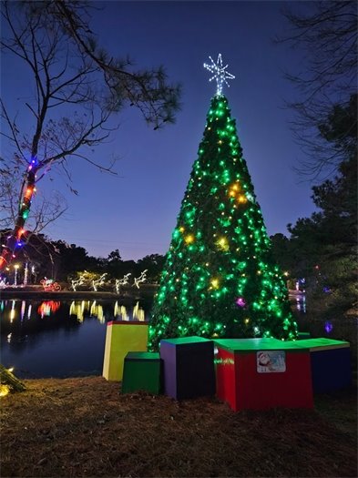 An image of holiday lights and decor on display at Aviation Park
