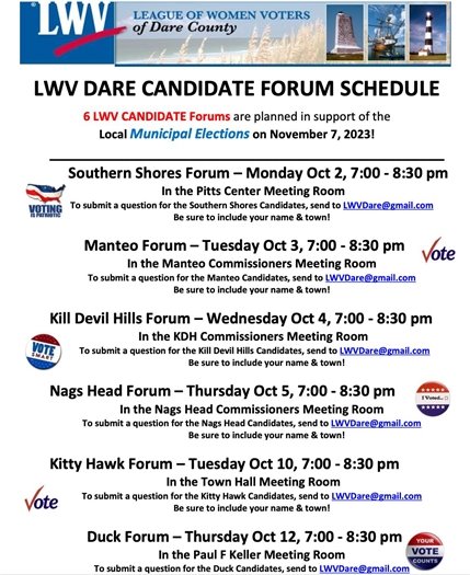 The Dare League of Women Voters is also sponsoring a Candidate Forum in support of your town government elections this November! They encourage citizens to both submit a question for the candidates before the Forum &/or attend the Forum in person and ask a question for the candidates at that time.