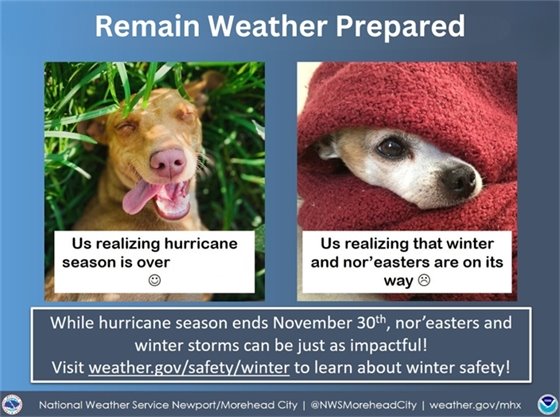 Hurricane season is over, but remember that we can still see impactful weather during the winter (like nor'easters) so be #WeatherAware! While rare, there have been tropical storms and hurricanes AFTER November 30th in the past.  Visit www.weather.gov/safety/winter to learn about winter weather safety