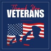 A graphic that reads "thank you Veterans" with a graphic of the American flag and two uniformed people saluting 