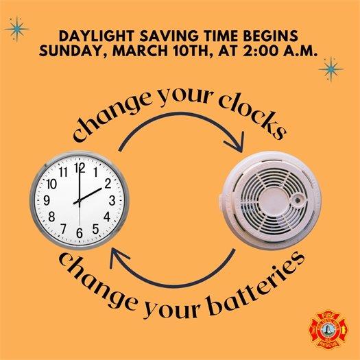 Daylight Saving Time begins Sunday, March 10th, at 2 a.m. Remember to set your clocks forward one hour before bedtime and embrace the longer days ahead.  And while you are at it, use this opportunity to change the batteries in your smoke and carbon monoxide detectors. If you are unable to check your detectors or need any assistance, give the KDH Fire Department a call at 252-480-4060.  Maintaining your detectors is an easy step that could save your life. 