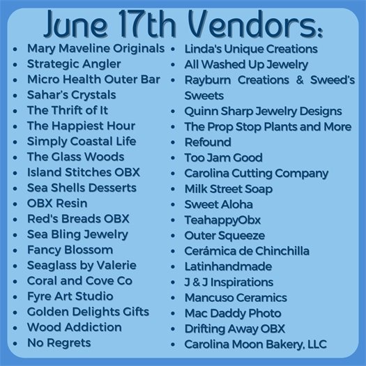 A list of vendors participating in the June 17th First Flight Farmers MarketMarket