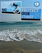 An image of the beach with superimposed signs that say "Don't Drill NC" and "Protect our Coast"