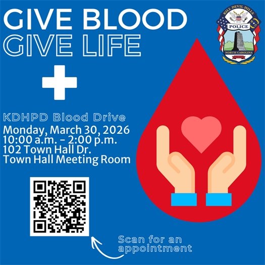 Graphic for KDH Police Dept Blood Drive on March 30 at the Town Hall Meeting Room from 10 am - 2 pm