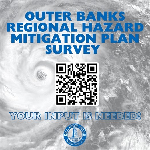 The Outer Banks Regional Hazard Mitigation Plan update is currently underway, and Dare County and Currituck County—as well as each county’s incorporated communities—are seeking input from the public on changes in risks and vulnerabilities as well as new opportunities for mitigation. This Outer Banks Regional Hazard Mitigation Plan update is required for all communities to maintain eligibility for pre- and post-disaster mitigation funding from FEMA. In addition, this effort will help local communities to understand their vulnerability and develop ways to proactively mitigate risk, helping to better protect people and property from the potential effects of natural and human-caused hazards. Public input is critical to the planning process. Please take a few minutes to complete a brief public survey to provide your input on hazard risks and mitigation options. Click here or scan the QR code in the above graphic for the survey.