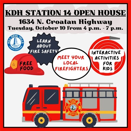 Join the Kill Devil Hills Fire Department at Fire Station 14 (1634 North Croatan Highway, Kill Devil Hills, NC) on Tuesday, October 10, 2023, from 4:00 PM - 7:00 PM to tour the Fire Station, meet members of the team, and check out their equipment, as well as participate in fun activities for all ages! 