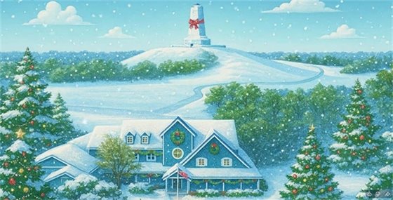A generated image of the Kill Devil Hills Town Hall with the Wright Brothers Monument shown in the background, that includes festive enhancements. 