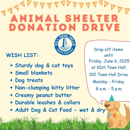Mary's Paws Park Celebration The Town of Kill Devil Hills is hosting an event to support local animal shelters. Join us on Friday, June 6, 2024, from 1 p.m. - 4 p.m. at Mary’s Paws Park, 103 Veterans Drive. This is a FREE event and will include giveaways for dogs and owners, free ice cream treats, and educational information. Please consider bringing donations to help dogs in need.