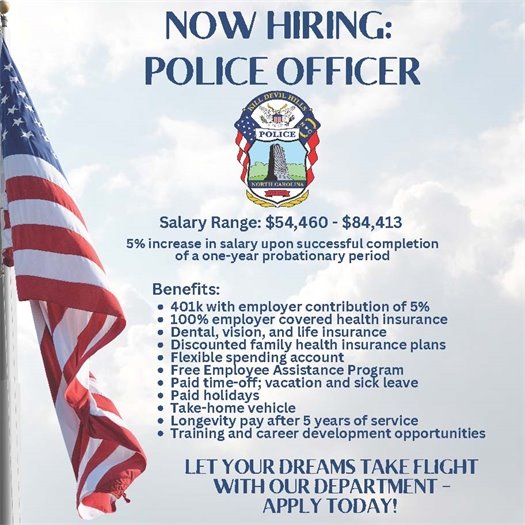 Now Hiring: The Town of Kill Devil Hills is accepting applications for the positions of Police Officer and Part-Time Facility Maintenance Specialist. Visit our website for more information and for an application.