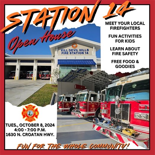Join the Kill Devil Hills Fire Department at Fire Station 14 (1630 North Croatan Highway, Kill Devil Hills, NC) October 18, 2024, from 4:00 PM - 7:00 PM to tour the Fire Station, meet members of the team, and check out their equipment, as well as participate in fun activities for all ages!