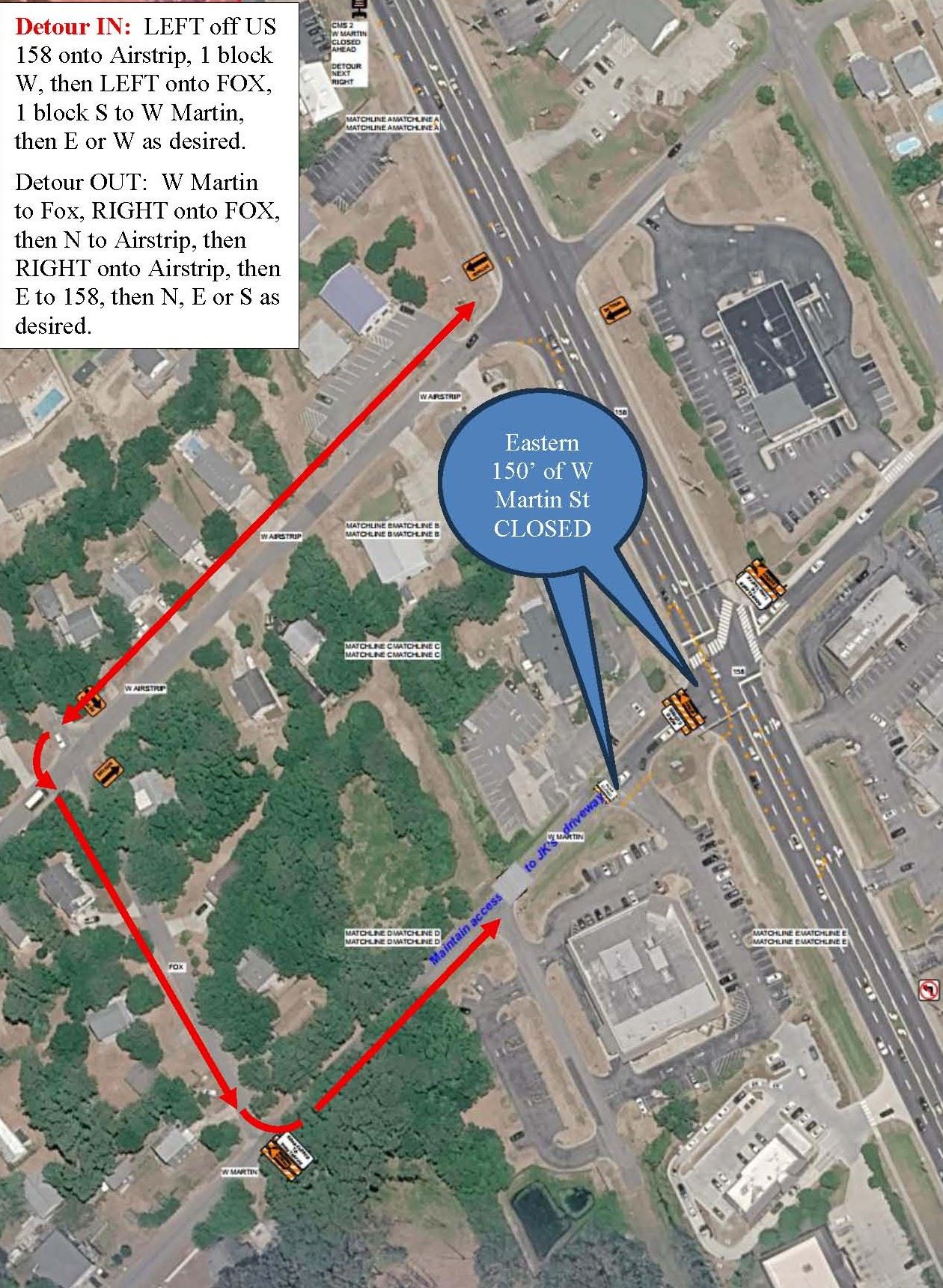 A map showing a detour for a temporary road closure at the Martin Street and US 158 intersection